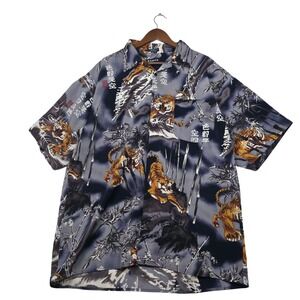 VTG Koman Sport Tiger Bamboo Hawaiian Shirt XL Y2K Japanese Art AOP Korea Blue